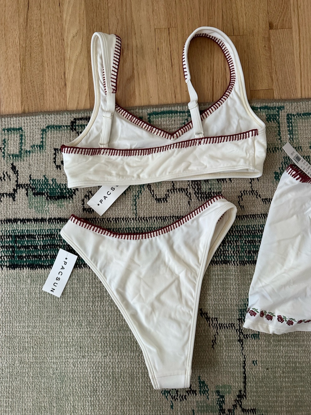 NWT PacSun Amor y Besos Off White Bikini Set with Skirt and Red Stitching - Picture 5 of 7
